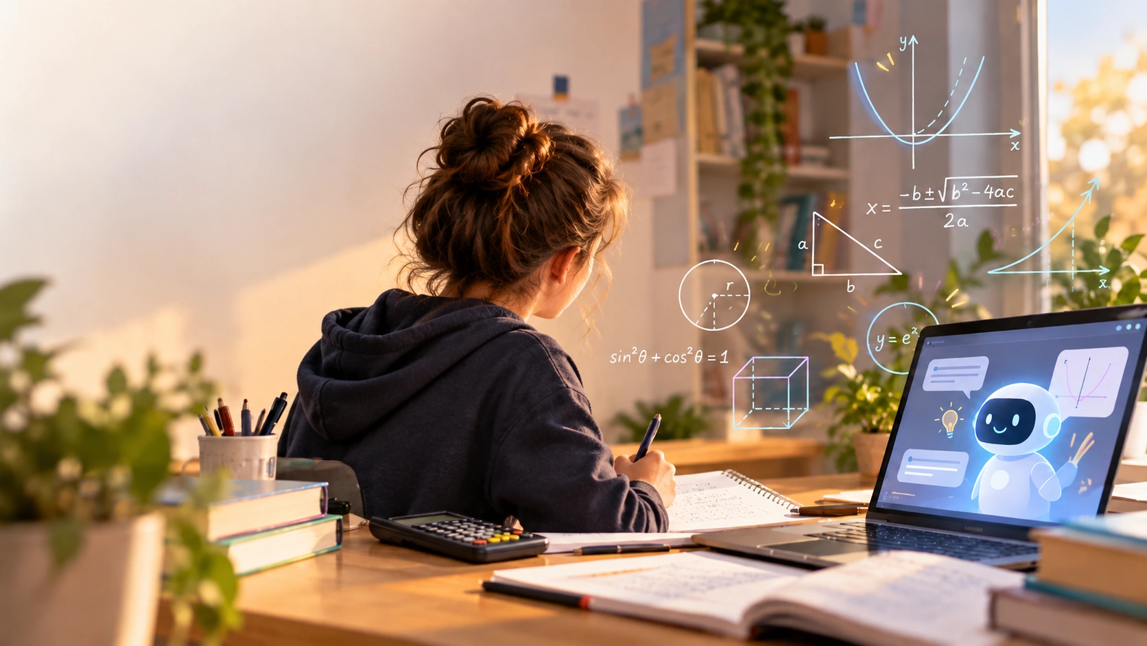 Student uses an AI tutor on a laptop to study maths, illustrating AI help with explanations, extra practice, and checking working.