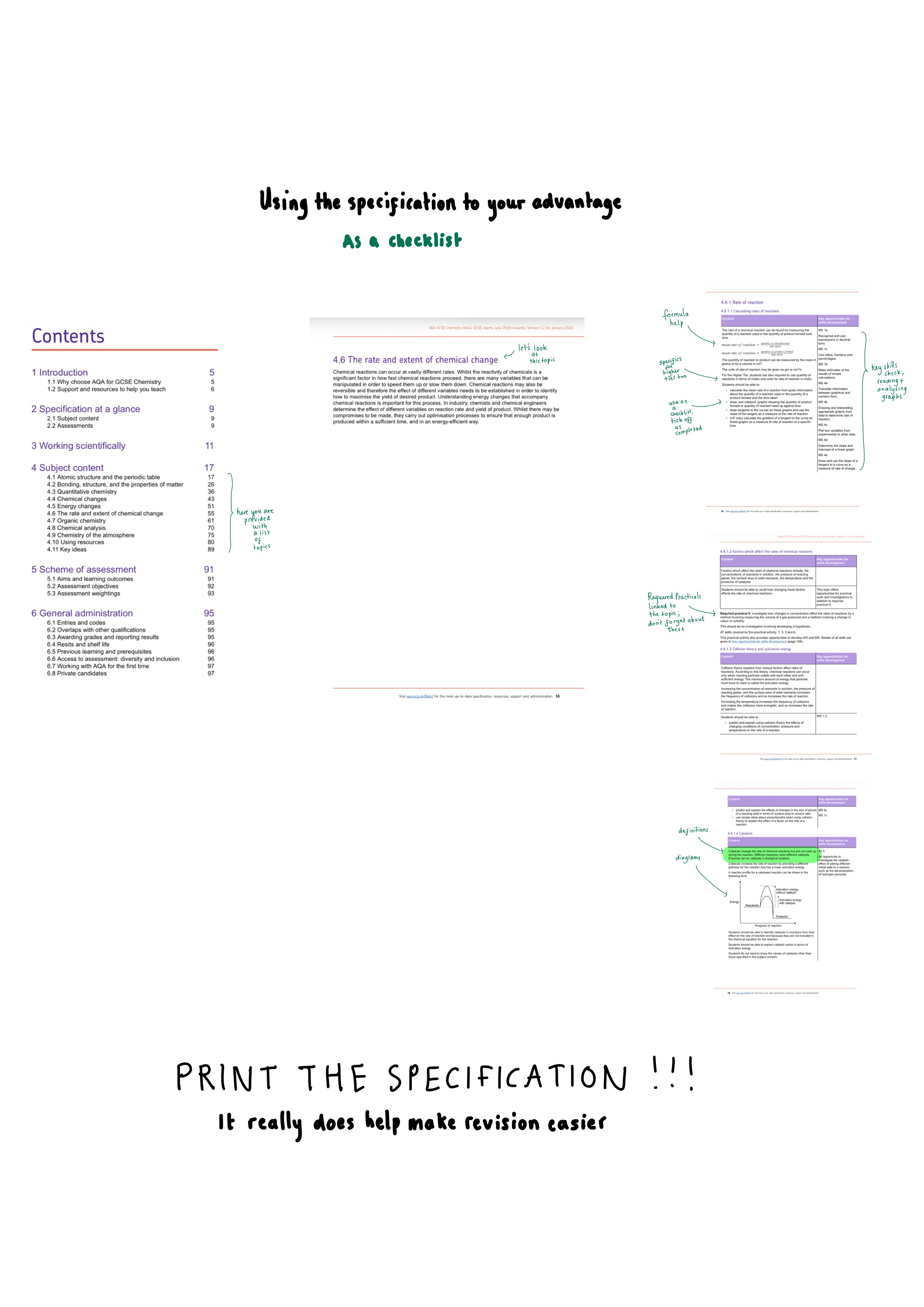 Annotated GCSE Chemistry spec used as a revision checklist-tick off topics, required practicals, equations and diagrams; tip: print the specification.